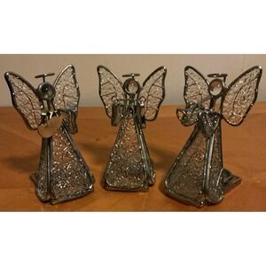 Set Of 3 Textured Glass Angel Figurine Tealight Holder Holding Instruments‎